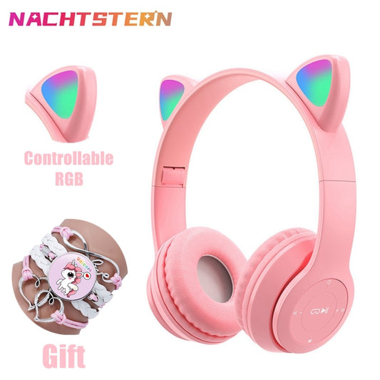 Pink Wireless Cat Ears Headset With Microphone Noise Cancelling.